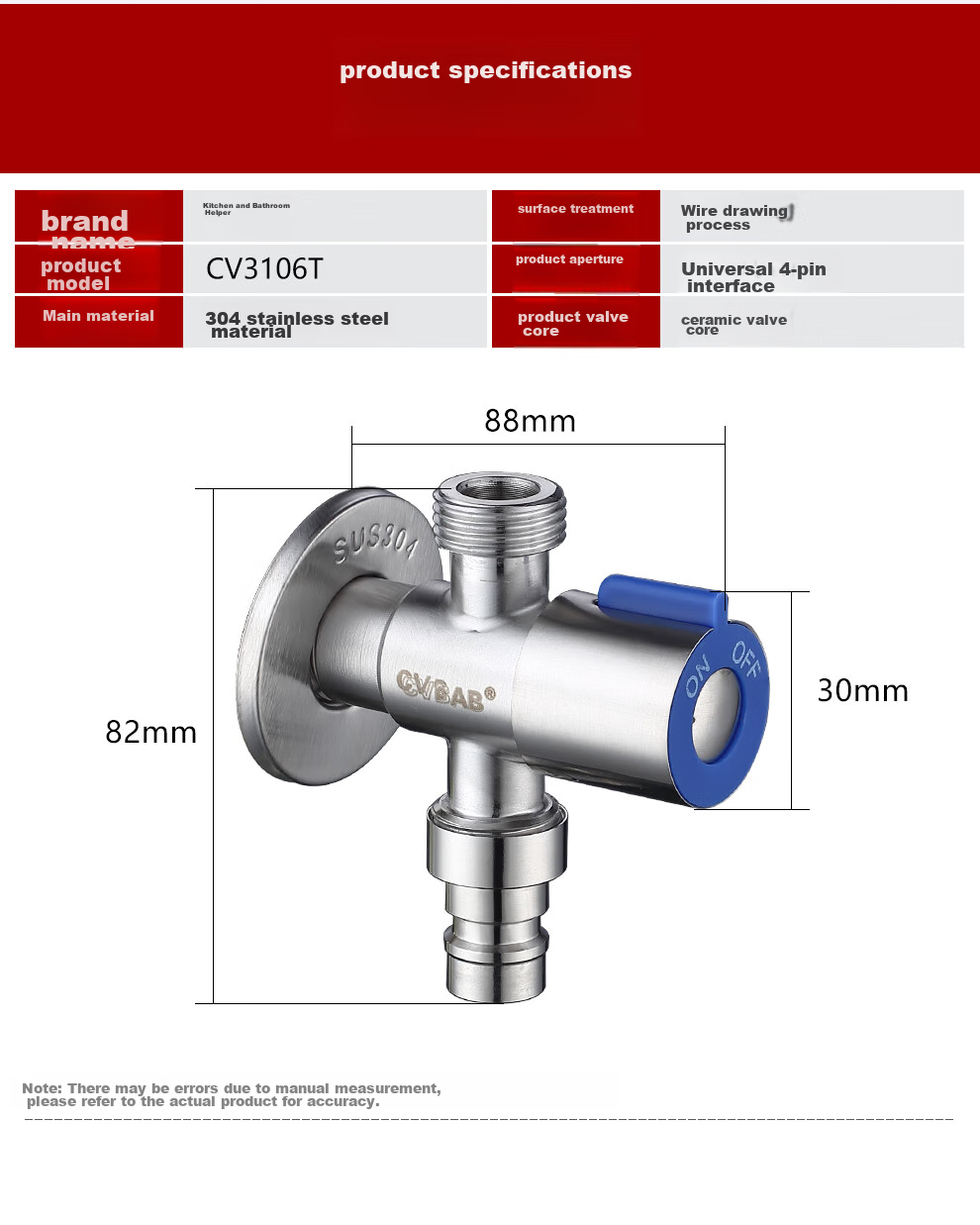 CVBAB Angle Valve, One Inlet Two Outlets, Three-Way, 1/2 Inch And 3/8 Inch Dual-Use Toilet Angle Valve, One-Inlet Two-Outlets Double-Opening Washing Machine Faucet CV1117 17