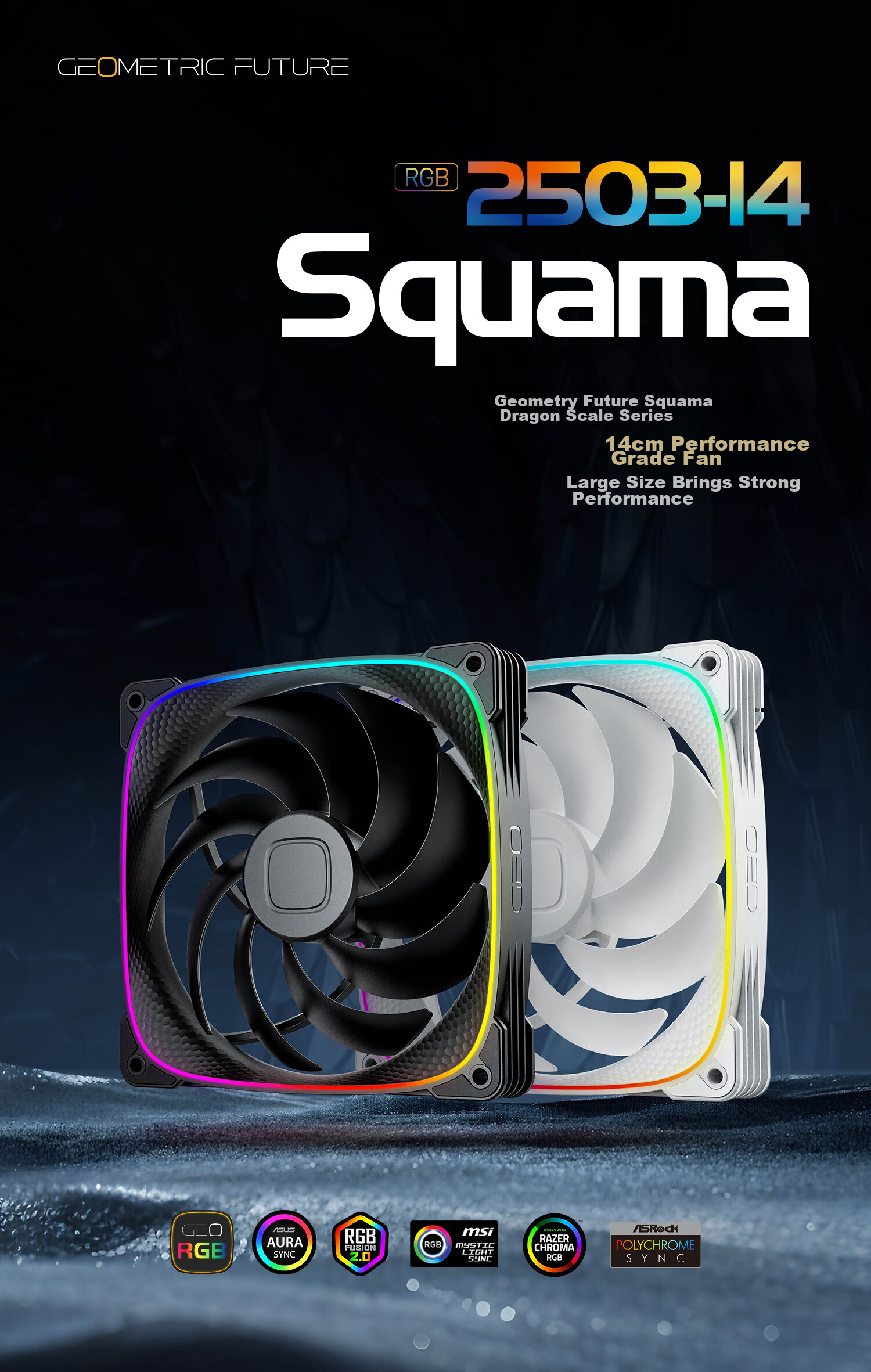 GeometricFuture Longshen 2503W-14CM Case Fan, Cooling Fan 14CM, ARGB Light Synchronization, PWM Speed Control, Smart Daisy-Chaining, White, Forward, Triple Pack 1