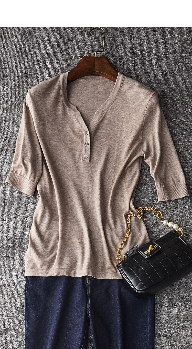 Dme [Baohe Milk Cheese] Spring And Summer Semi-Open Collar Sweater with Wool, Five-Quarter Sleeve, Petite Knit Top for Wome 21