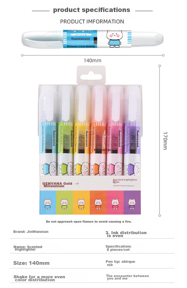 Genvana 6-Color Soft Tip Highlighters, Children's Day Gift, Flat Pen for Note-Taking, Reviewing, Journaling, Memorization Aid, Handwritten Markers G-0543 2