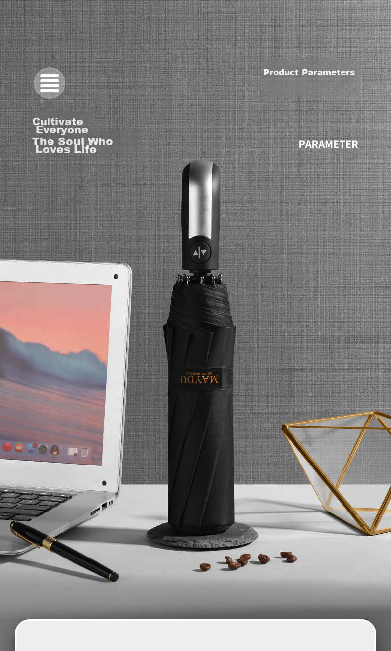 MAYDU Umbrella, Fully Automatic, Large Size, Reinforced, Thickened, Sturdy, Windproof, 10 Ribs, Tri-Fold, M3219 Black 13