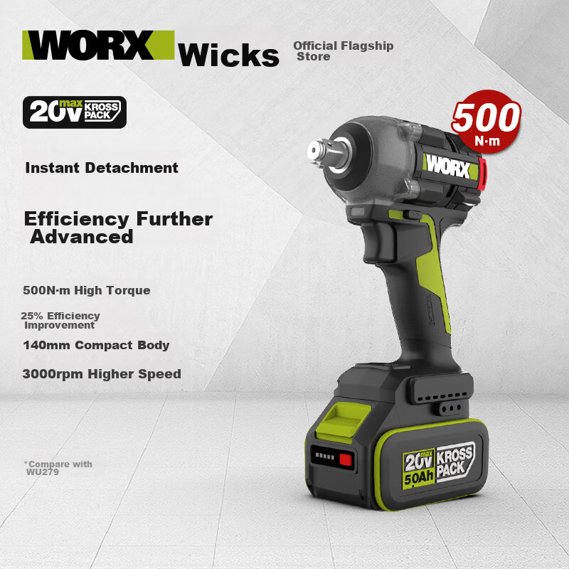 WORX 20V Brushless Electric Wrench WU289 (5.0 Dual Battery), High Torque Impact Wrench, Rechargeable Impact Wrench, Automotive Repair Tool
