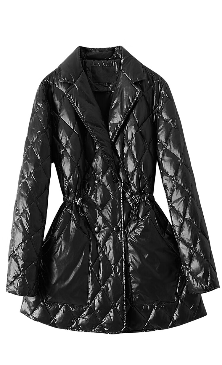Dme Diamond Pattern Short down Jacket, Winter Commute Style, Lapel Collar, Drawstring Waist, Diamond Pattern Suit Style down Jacket for Women, Short Style 18