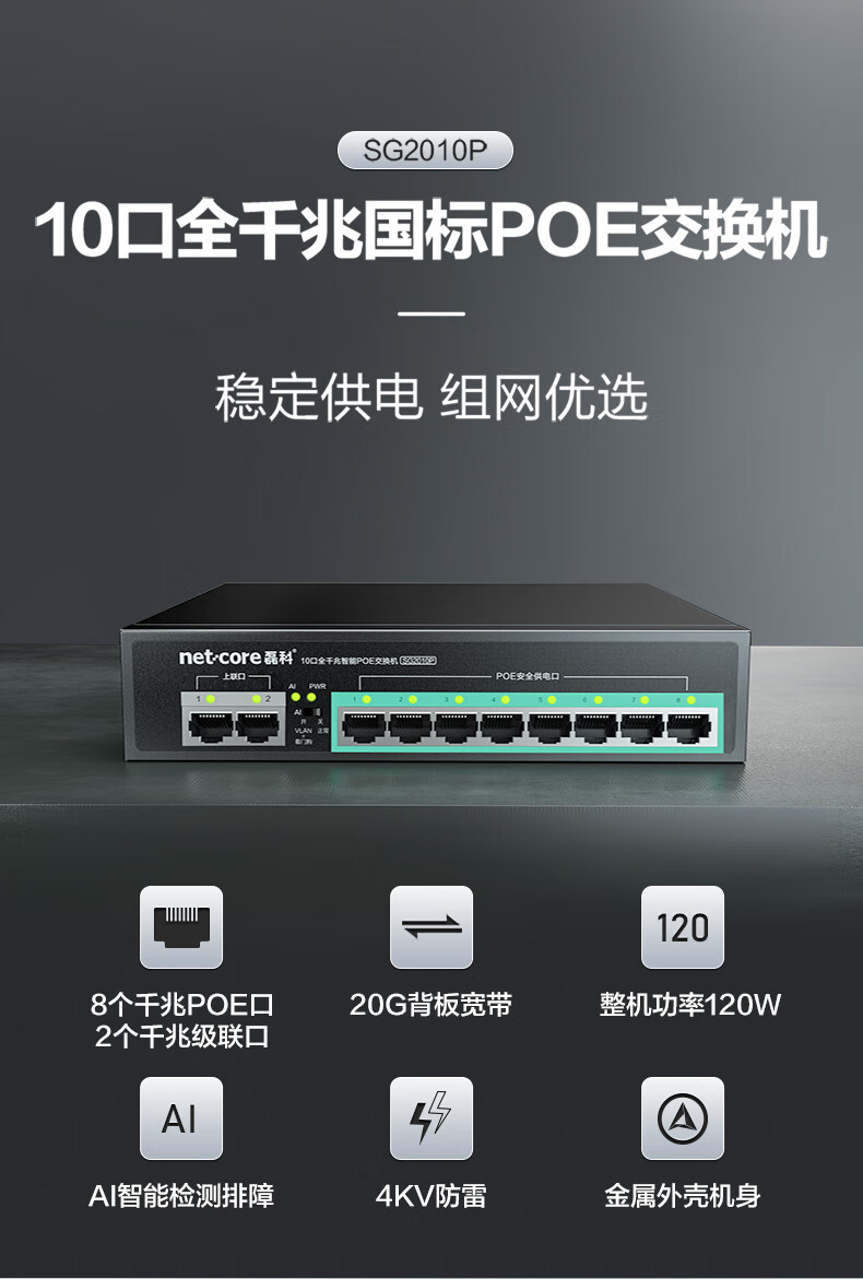 Netcore SG2010P, 10-Port Gigabit 8-Port Powered PoE Switch, Enterprise Engineering Home Security Camera Network Hub, Ethernet Splitter, Compatible with 100Mbps 1