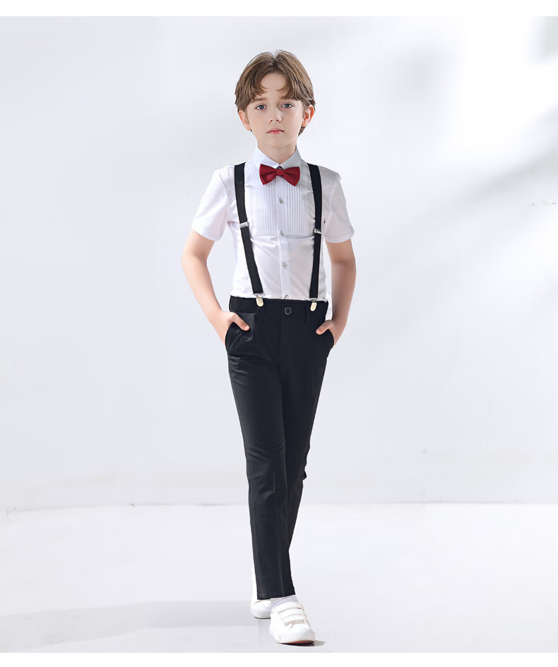 Yinuofang Children's June 1st Performance Costume, Boys' School Uniform, Class Outfit, Formal Wear, Suspender Pants Set, Short-Sleeve Long Pants, Size 120 12