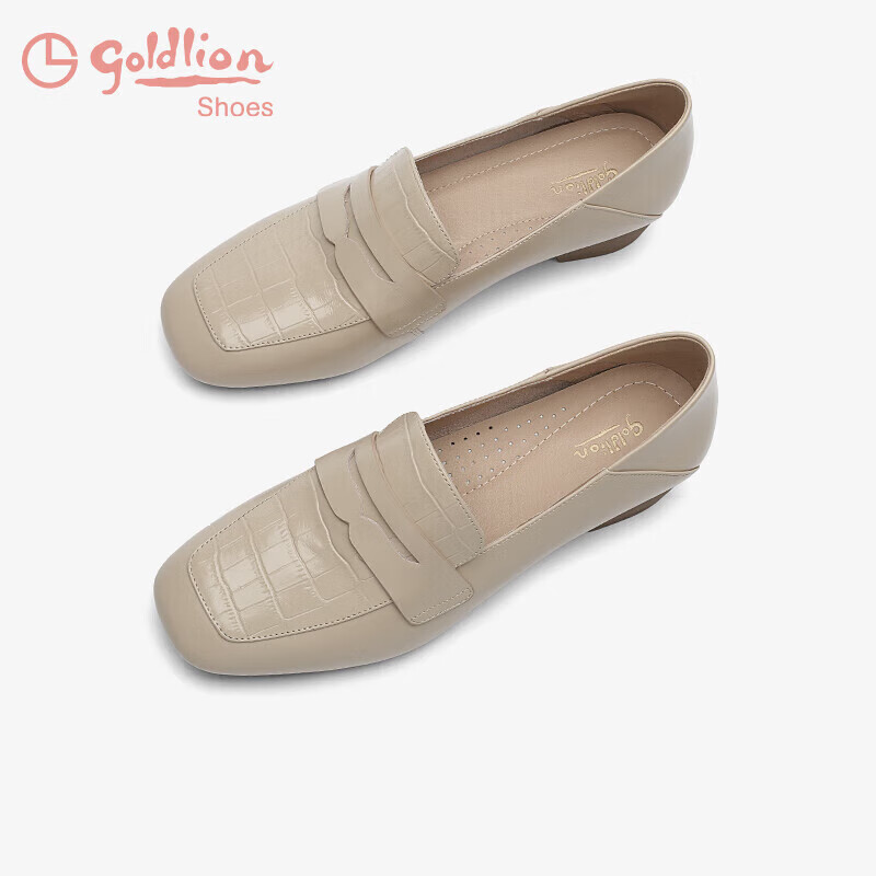 Женские лоферы Goldlion G661310122, модные кожаные туфли, квадратный носок, без застежки, бежевые, размер 36