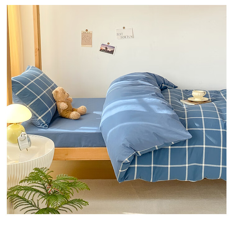 Wuyinliangpin Cotton Student Bedding Set, Dormitory Bed Sheet Duvet Cover Pillowcase Single Bed Three-Piece Set, Blue-Gray Large Check Patter 6
