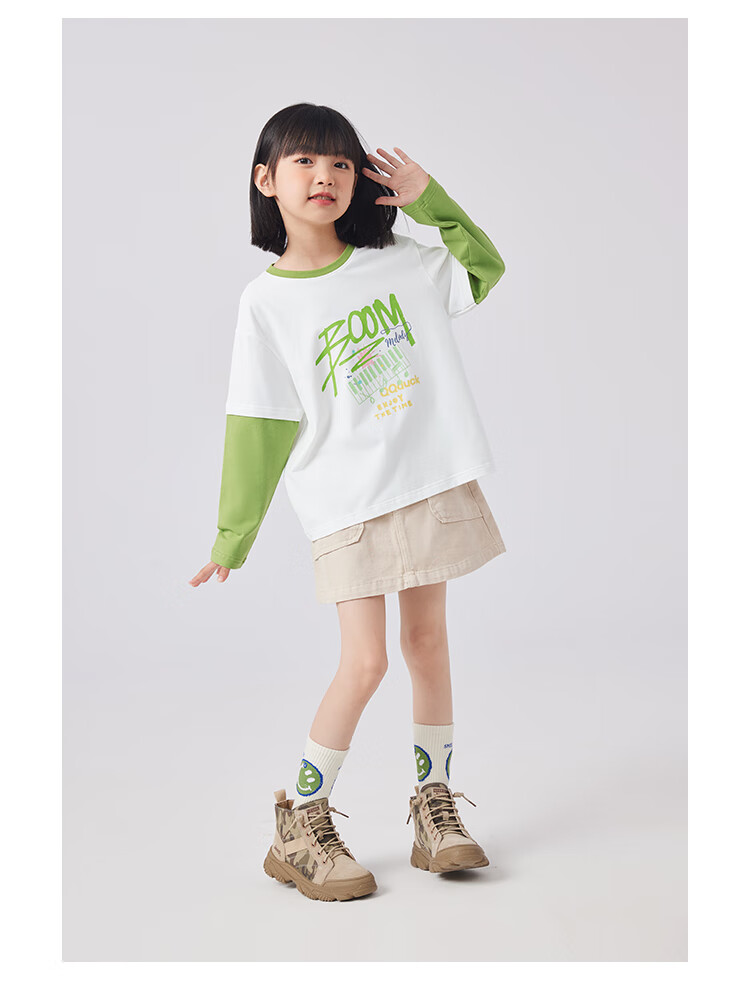QQ DUCK Children's Clothing Girls' Long-Sleeve T-Shirt Undershirt Youth Wear Music Party White; 130 11