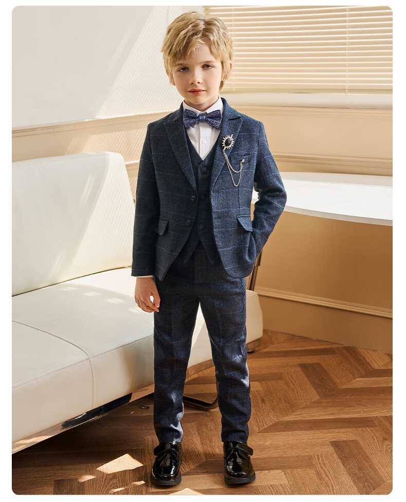 Luomeng Children's Suit Set, Boys' Host Flower Boy Formal Wear for Performances, Blue Plaid Five-Piece Set, Size 170 16