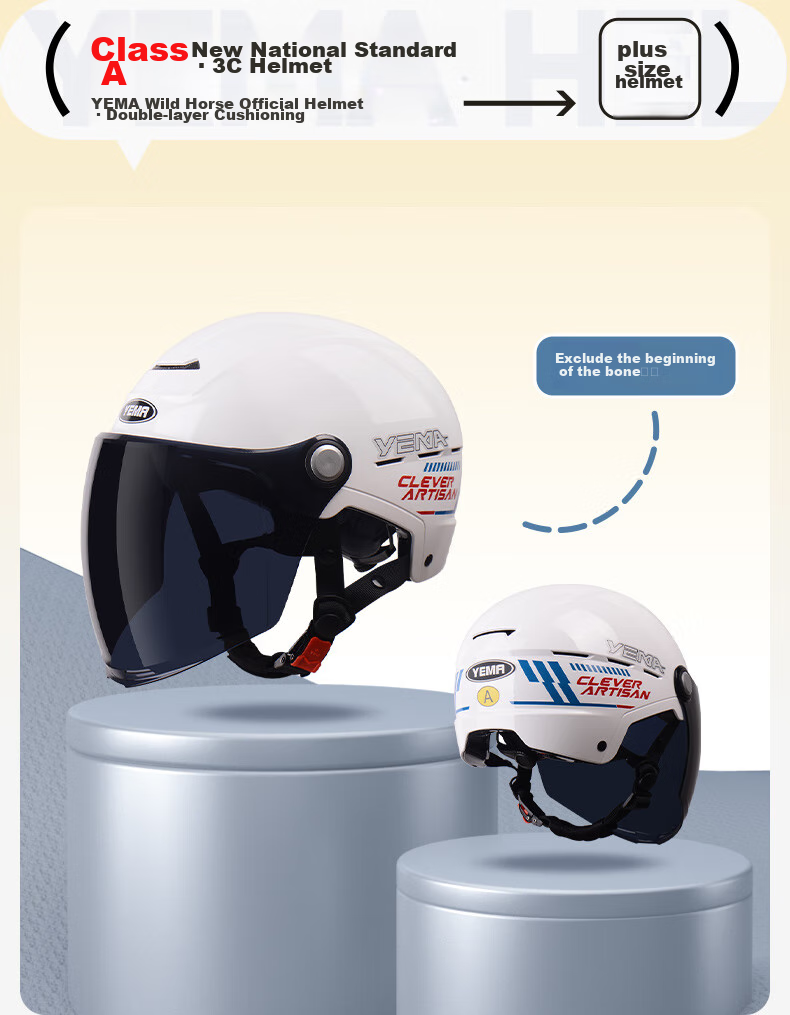 YEMA 3c Certified New National Standard Class A 365S Electric Scooter Helmet, Summer Half-Helmet for Men And Women, Large Size for Big Head Circumference, Motorcycle Safety Helmet, Khaki with Transparent Long Visor 17