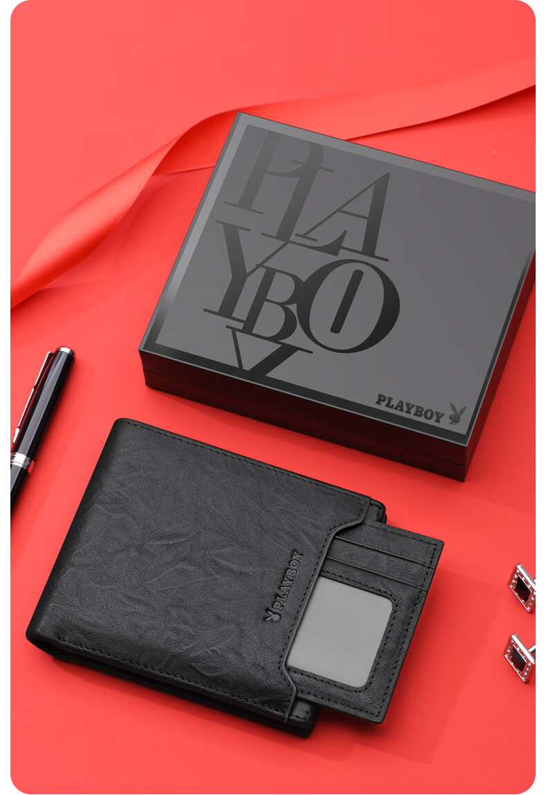 PLAYBOY Genuine Leather Men's Wallet First Layer Cowhide Card Holder Gift Box for Boyfriend Husband Father Birthday 7