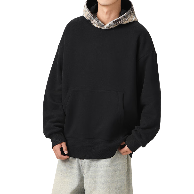 MMOPTOP American Retro Plaid Hoodie for Men, Spring And Autumn Casual Color-Block Sweatshirt VE55162 Black L