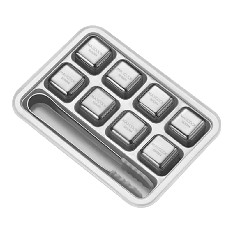 MAXCOOK 304 Stainless Steel Ice Cube Tray, Ice Maker Mold, 8 Cubes + Silicone Ice Tongs + PP Box MCPJ0261