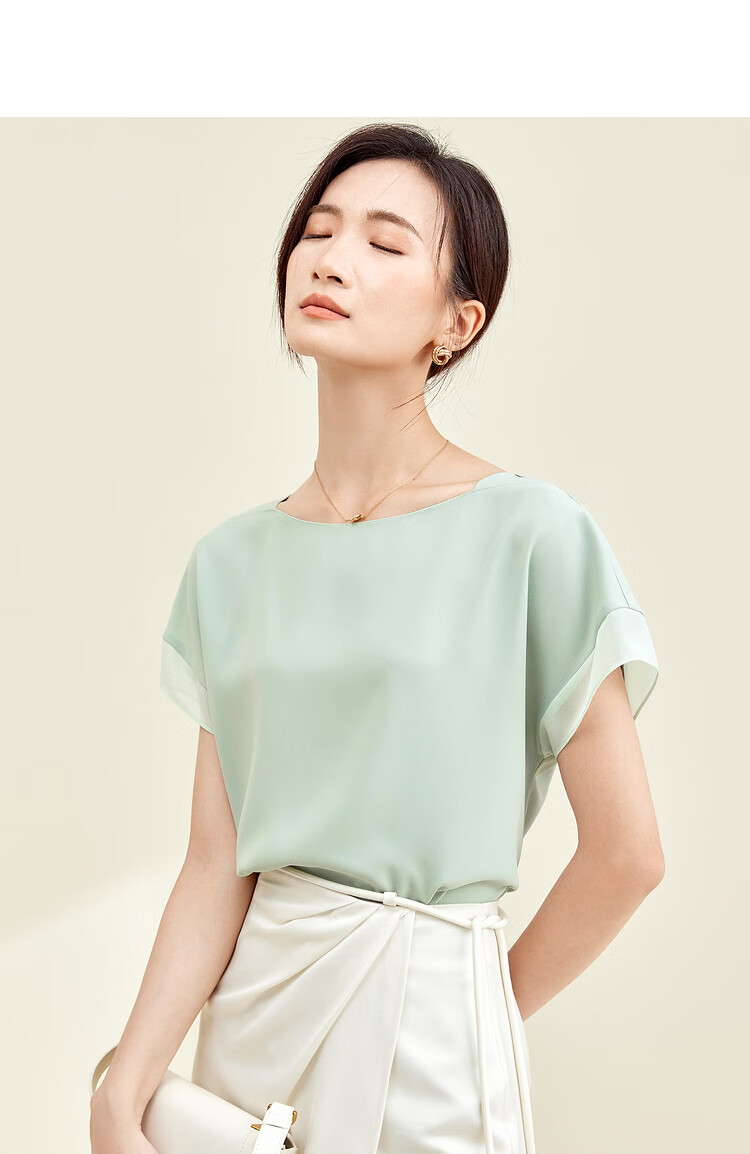 Sentubila Spliced Short-Sleeve Chiffon Blouse for Women, Slimming Tummy-Covering Top, Summer Lightweight Casual T-Shirt, Light Blue, S 40