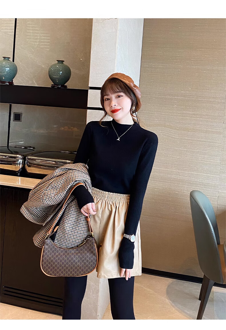 XUEXIMAN Semi-Turtleneck Base Layer for Women, Autumn And Winter Solid Color High-End Base Shirt, Versatile Slimming Knitted Sweater Suitable for Outer Wear 25