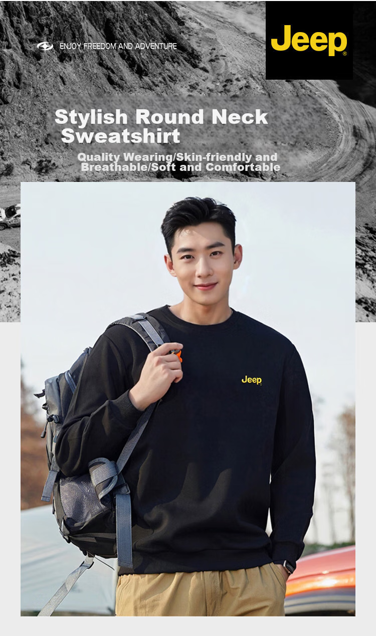 JEEP Sweatshirt for Men, Round Neck Embroidered Long-Sleeve T-Shirt, Loose Casual Sportswear, Men's Clothing 101, Black, M 2