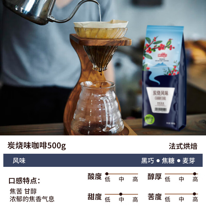铭氏（Ming's）炭烧风味咖啡豆 磨粉 焦香浓郁 阿拉比卡研磨美式黑咖啡500g