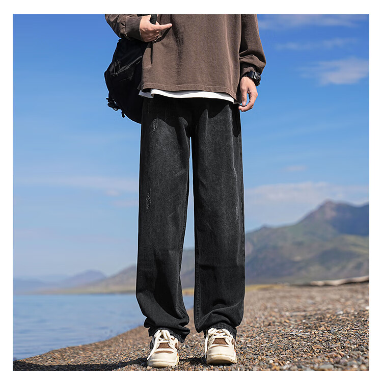 Dingfengbaoluo American Retro Washed Jeans for Men, Summer Cool High Street Casual Loose Straight-Leg Pants DFK06 Navy Blue XL 16
