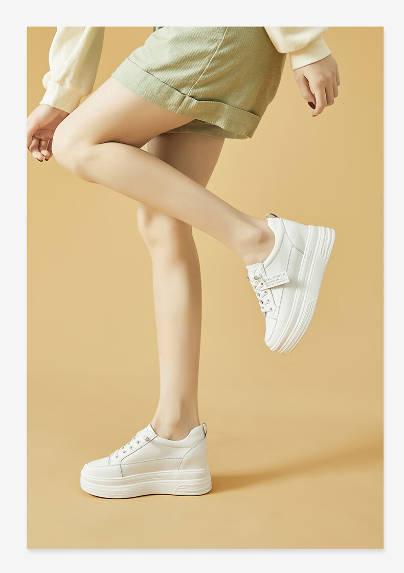DAPHNE Women's White Leather Versatile Thick-Soled Casual Sneakers with Hidden Heel, Style 4623101013, Black, Size 34 10