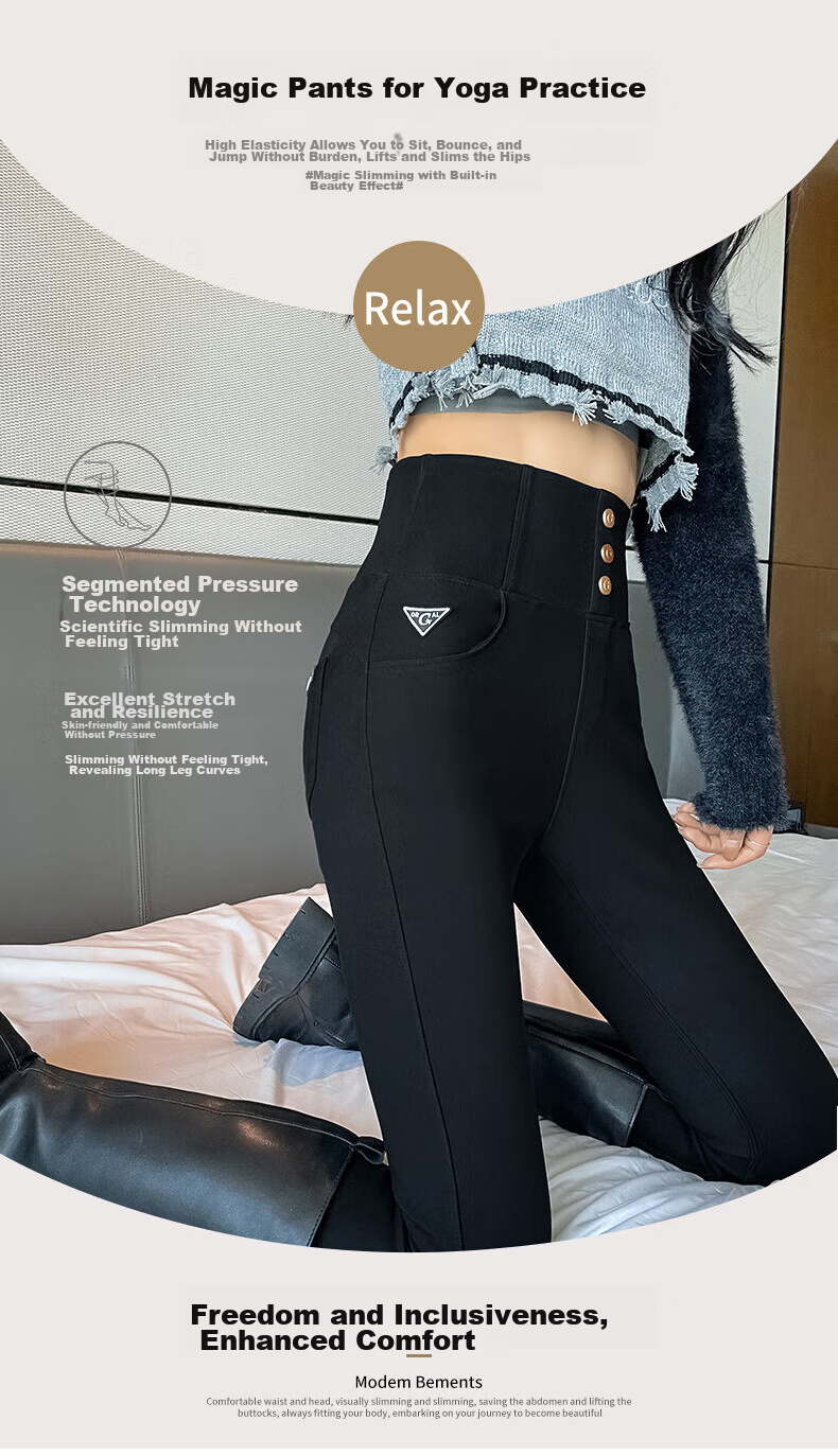 FitonTon High-Waisted Leggings for Women, Outer Wear Autumn Winter Style, Black Tight-Fitting Pencil Skinny Pants with Three Buttons, Small Black Trousers, Black, Size S 18