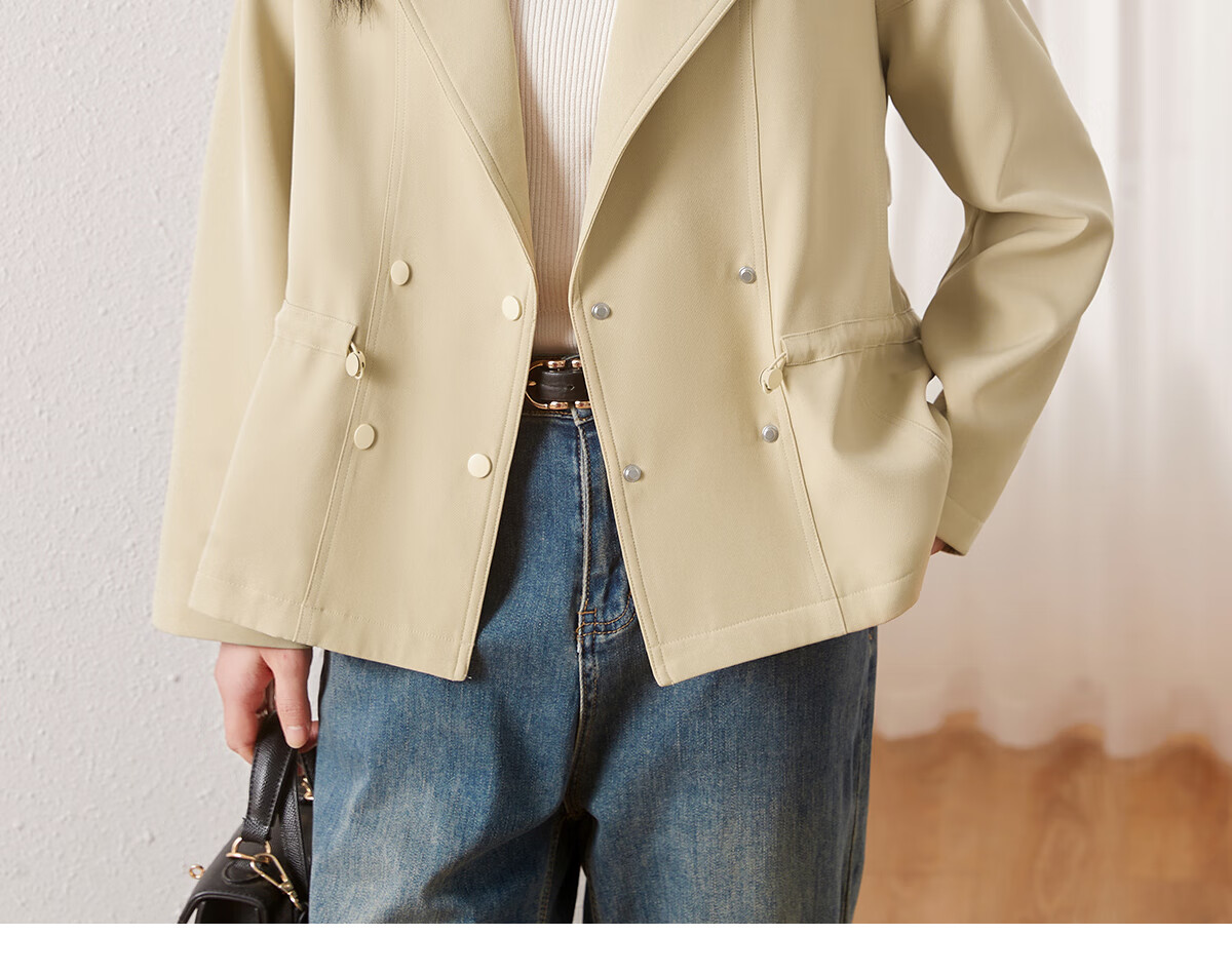 Chushen Spring And Autumn Women's Short Jacket, Fashionable And Elegant Design with Lapel Collar, Waist-Cinching Drawstring, Short Trench Coat S61D164 19