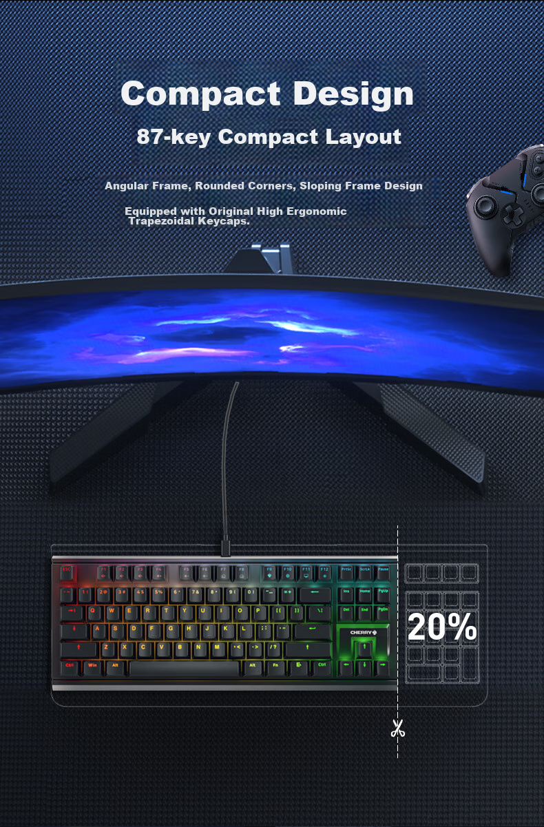 CHERRY MX1.1 Black Obsidian Aurora Mechanical Keyboard, 87 Keys, Gaming Keyboard, Wired Keyboard, Floating Design without Steel Structure, RGB Lighting Effects, Black Red Switches 10