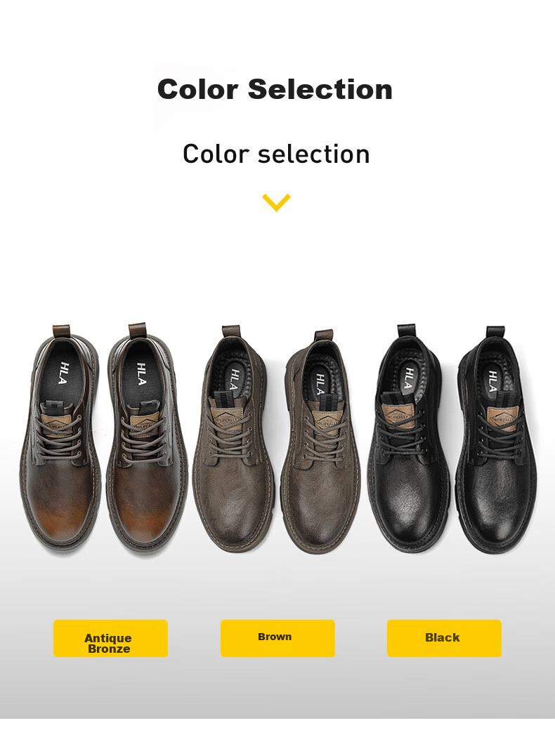 HLA Men's Casual Shoes, Leather Upper Thick-Soled Work Boots, L011 (Height-Increasing Style), Black, Size 42 6