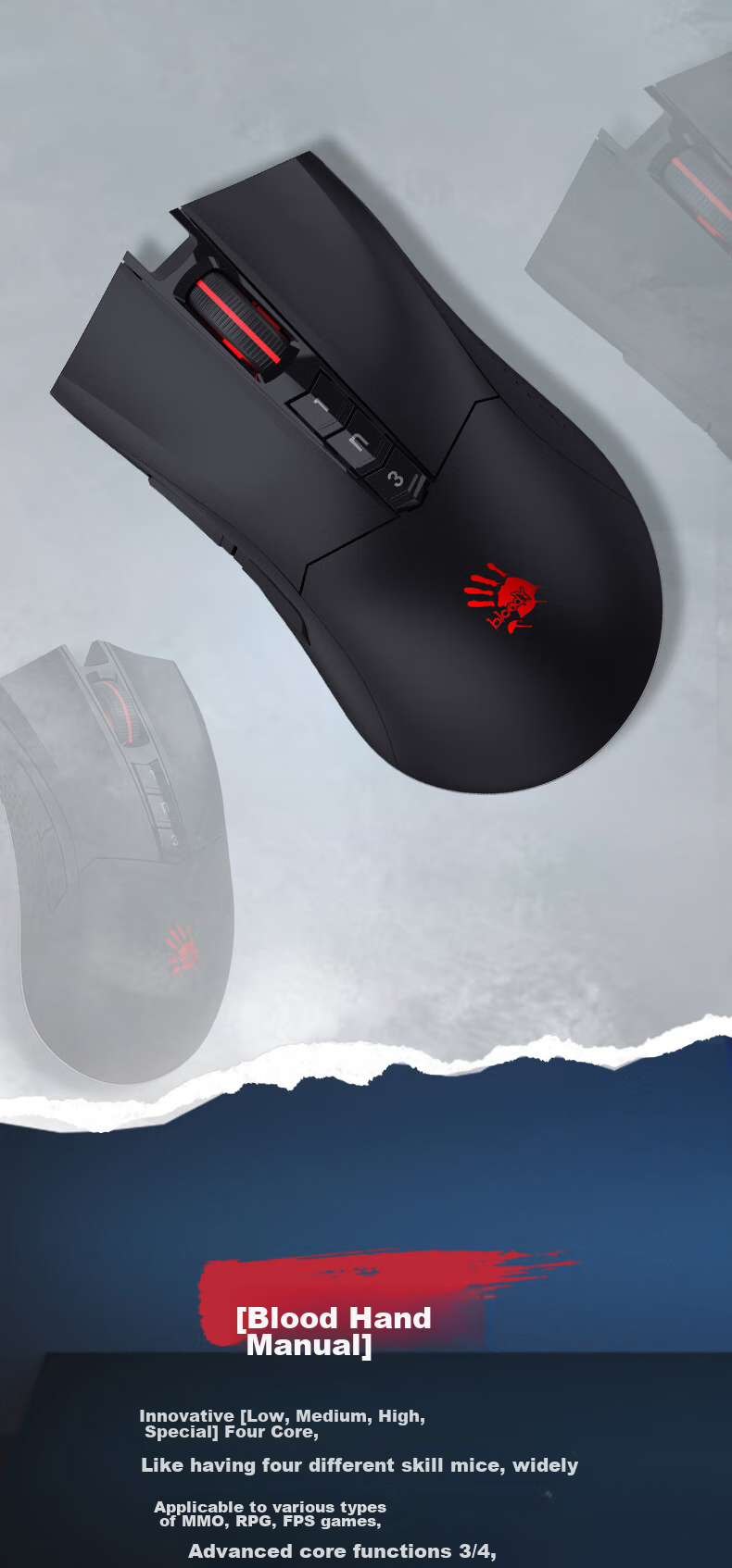 A4TECH R90plus Large Right Wireless Mouse Gaming Mouse E-Sports Mouse Rechargeable Wireless Mouse Blood Hand Phantom Black Wireless 8