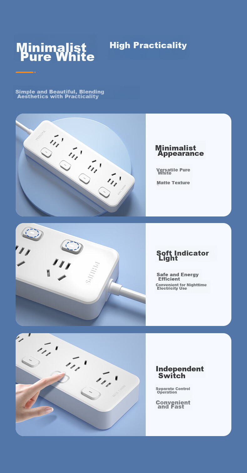 PHILIPS 5-Outlet Independent Switch Power Strip 0.2m Short Extension Cord Kitchen Socket Multi-Outlet Power Board 11