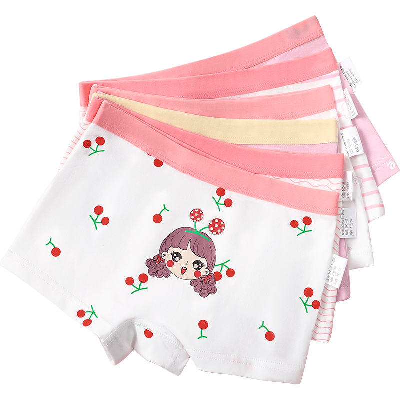 LangSha Children's Underwear, Girls' Boyshorts, Class A Cotton, for Older Girls, Cherry Princess Design, 6-Pack, Size 130