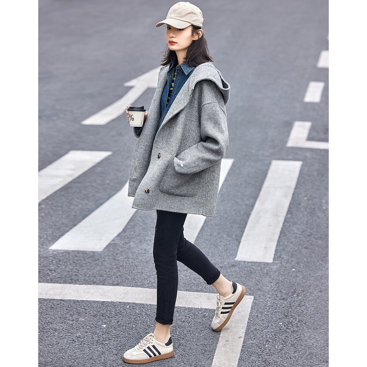 Demana Gray Series Hooded Woolen Coat Winter Loose Long Double-Sided Wool Coat Women Gray L