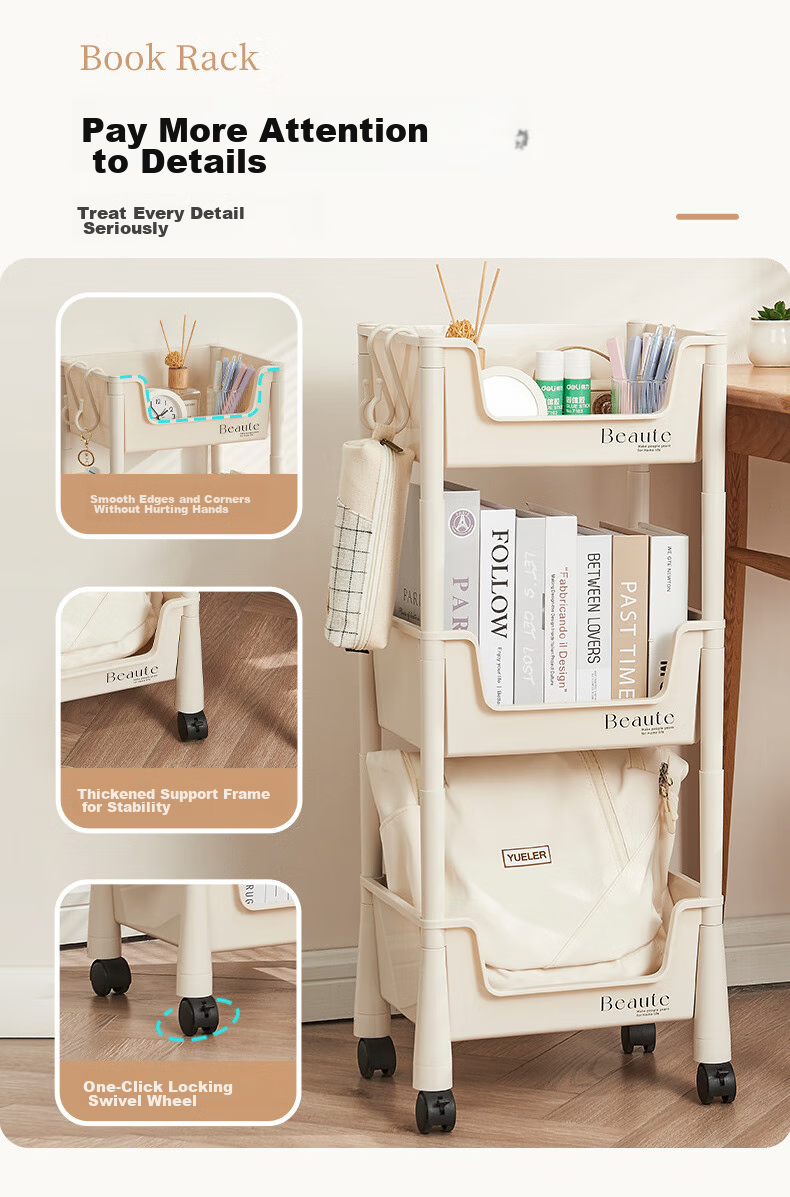 Yijia Bookshelf, Mobile Bookshelf, Storage Rack, Floor-Standing Multifunctional Storage Shelf, Two-Tier Storage Rack with Wheels 5