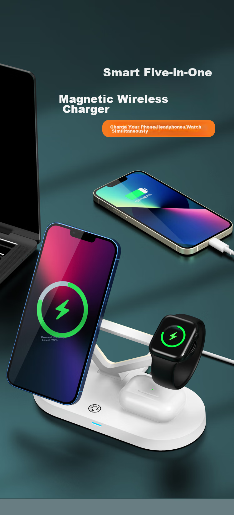 ESCASE Five-In Wireless MagSafe Magnetic Charger for Apple IPhone 16 Pro Max, Watch, Earphones, 15W Fast Charging Stand WBF-32 White 1