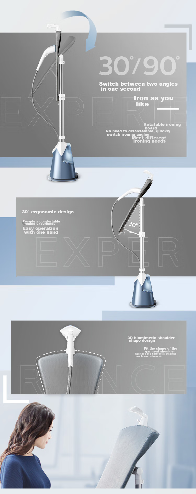 PHILIPS Upright Garment Steamer with Pressure Boost, Steam Iron for Home Use, Multi-Function, Sterilizing And Mite-Removing, Dual Rod with Ironing Board, GC625/28 6