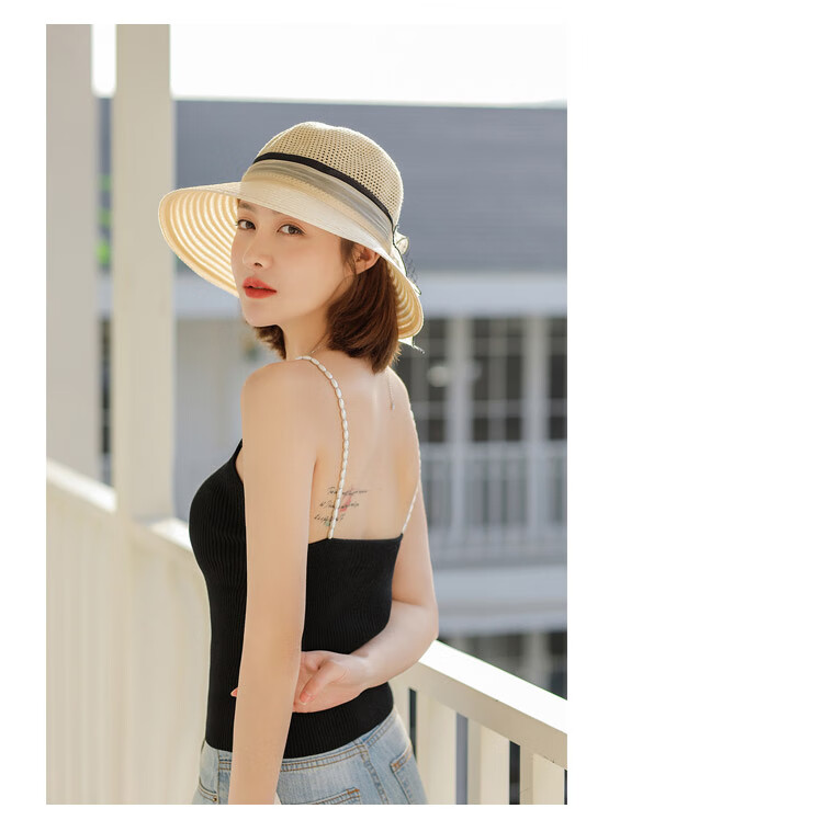 GLO-STORY Organza Women's Sun Protection Hat Lace Pearl Elegant Breathable Straw Top Fisherman Hat for Outings 9