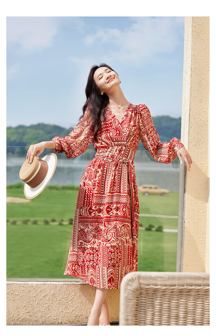 Sentubila Spring And Autumn Mid-Length Floral Print Red Dress, Elegant Goddess Style Slimming Vacation Dress, Red Floral Pattern, Size S 4