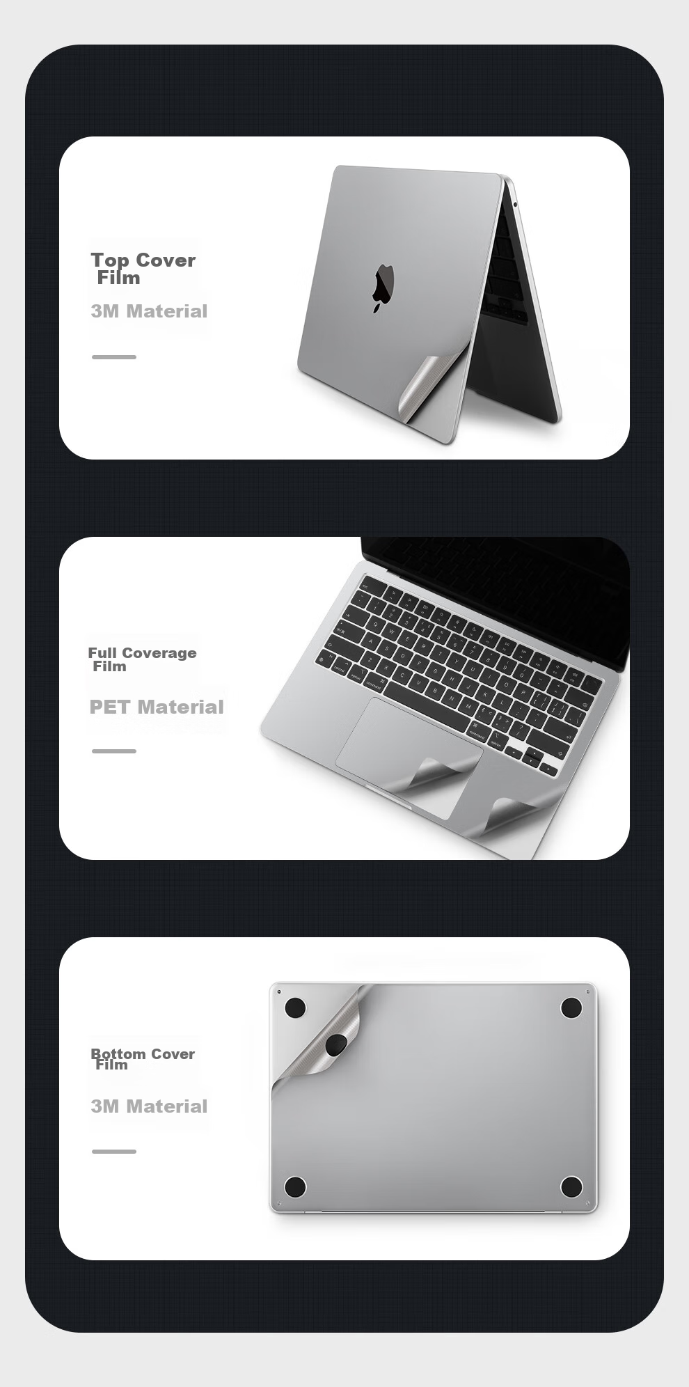 Jichuan Apple MacBook Pro 14-Inch M5/4/3/2 Body Protective Film for 2026/25/24/23 Models, Laptop Shell Cover, 3M Adhesive Sticker, Gray 4