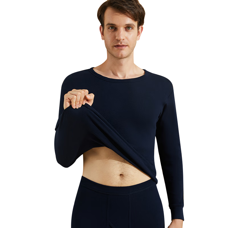 Nanjiren Men's Autumn Underwear Set, Pure Cotton Antibacterial Thin Warm Base Layer Thermal Underwear, Navy Blue 2XL