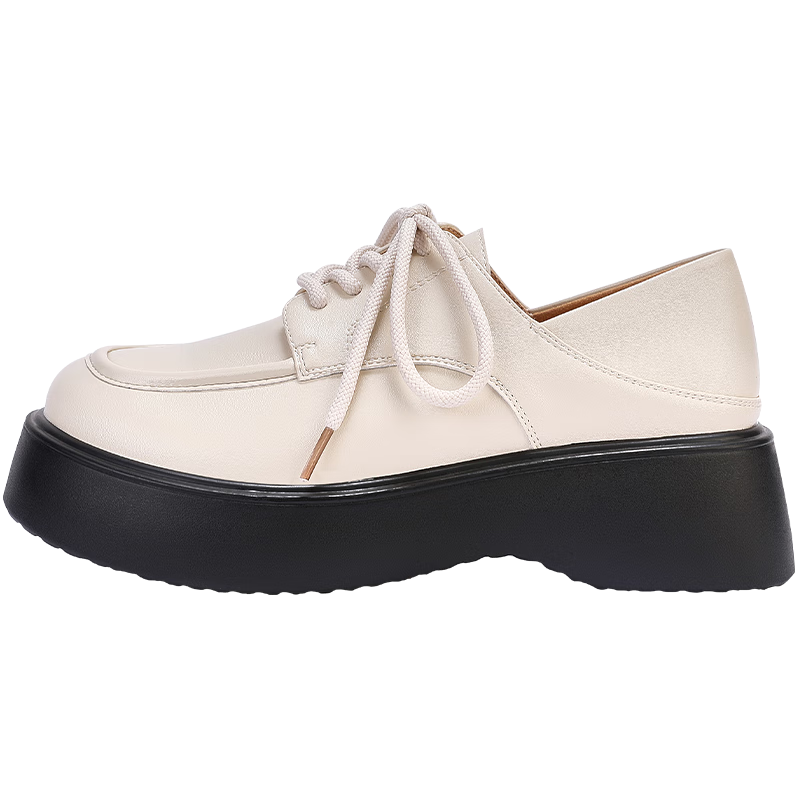 DAPHNE Women's New British-Style Loafers, Black Thick-Soled Platform Flats, Beige, Size 39