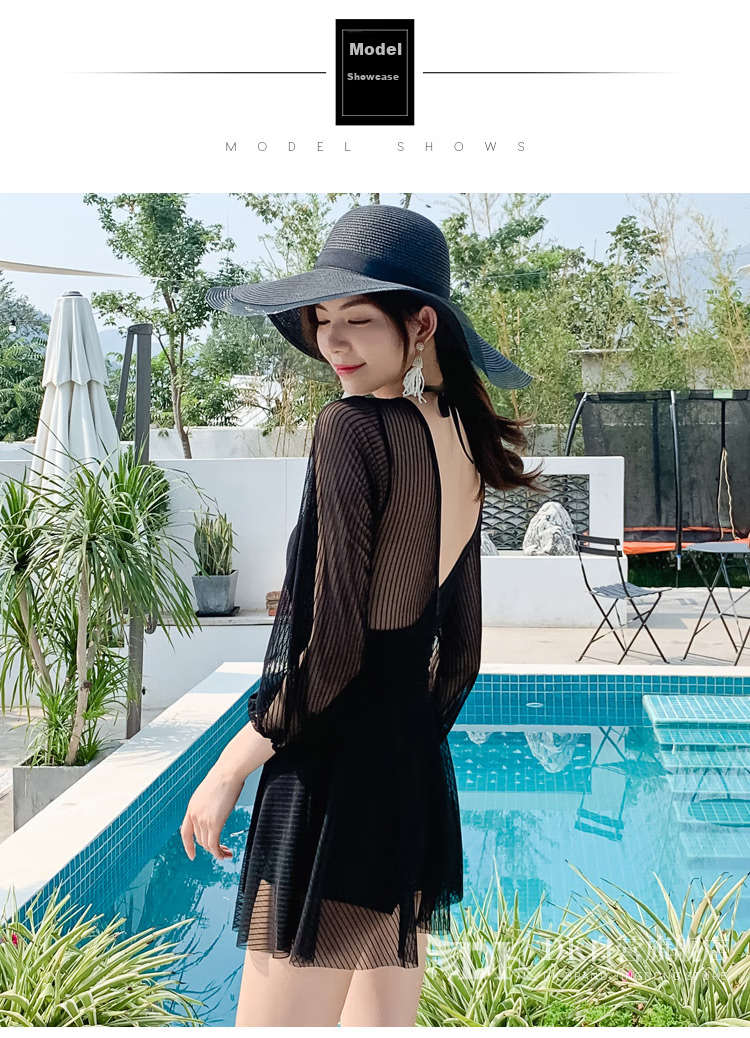 DK Swimsuit for Women, Sexy Small Chest Push-Up Conservative Tummy-Covering Slimming Korean Hot Spring One-Piece Swimwear, Black, L 3