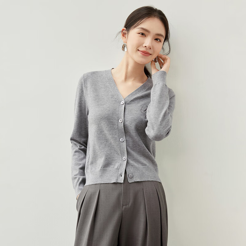 Sentubila Spring Summer Casual V-Neck Cardigan Knitwear Women Simple High-End Top Cardigan Innerwear Light Gray L