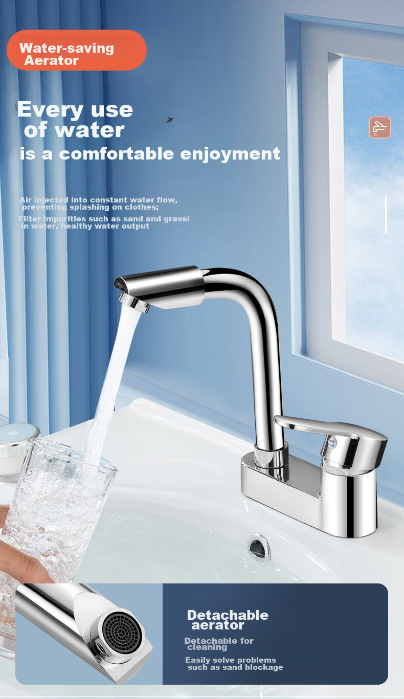 BSITN Double-Hole Basin Faucet, Washbasin Cold And Hot Thickened Brass 720° Rotating Bathroom Faucet B8057 8