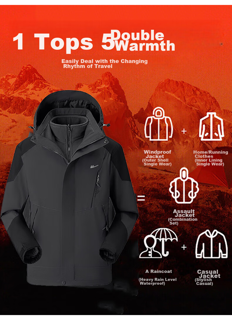 Huili Men's Outdoor Three-In Hooded Jacket, Detachable Inner Liner for Autumn And Winter, Windproof And Waterproof Jacket 10