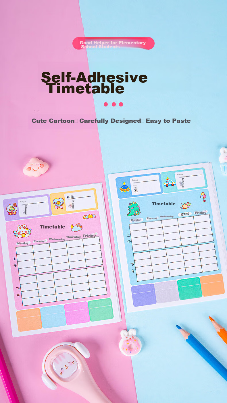 BOJIAO Elementary School Student Self-Adhesive Course Planner for Grades 1-3, Study Schedule Cards, Classroom Subject Arrangement Cards, Children's Curriculum Cards, Learning Self-Discipline Table, Pink, 10 Pieces, Portable 1