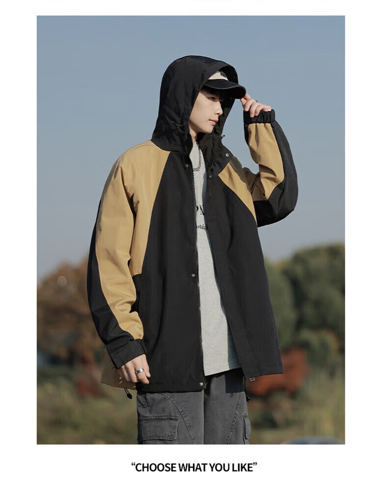 JEANSWEST Men's Windbreaker Jacket, 2025 Autumn Outdoor Hooded Coat, Trendy Versatile Outerwear, Black Khaki, 2XL 5