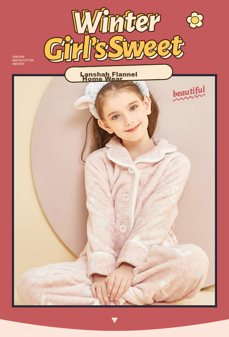 LangSha Children's Pajamas for Girls, Winter Fleece-Lined Thick Flannel Loungewear Set, Warm Sleepwear for Toddlers And Young Girls 1