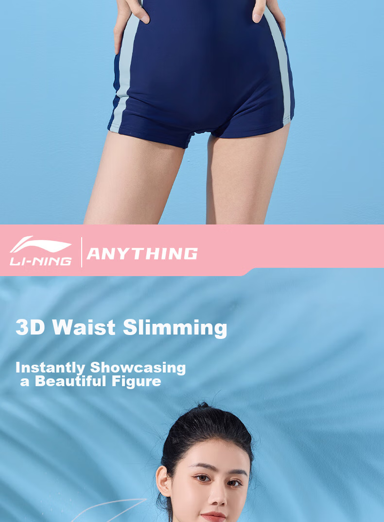 Li-Ning Women's Professional One-Piece Conservative Boyshort Swimsuit, Tummy-Covering Slimming Casual Training Hot Spring Swimwear 514 Navy Blue 3XL 7