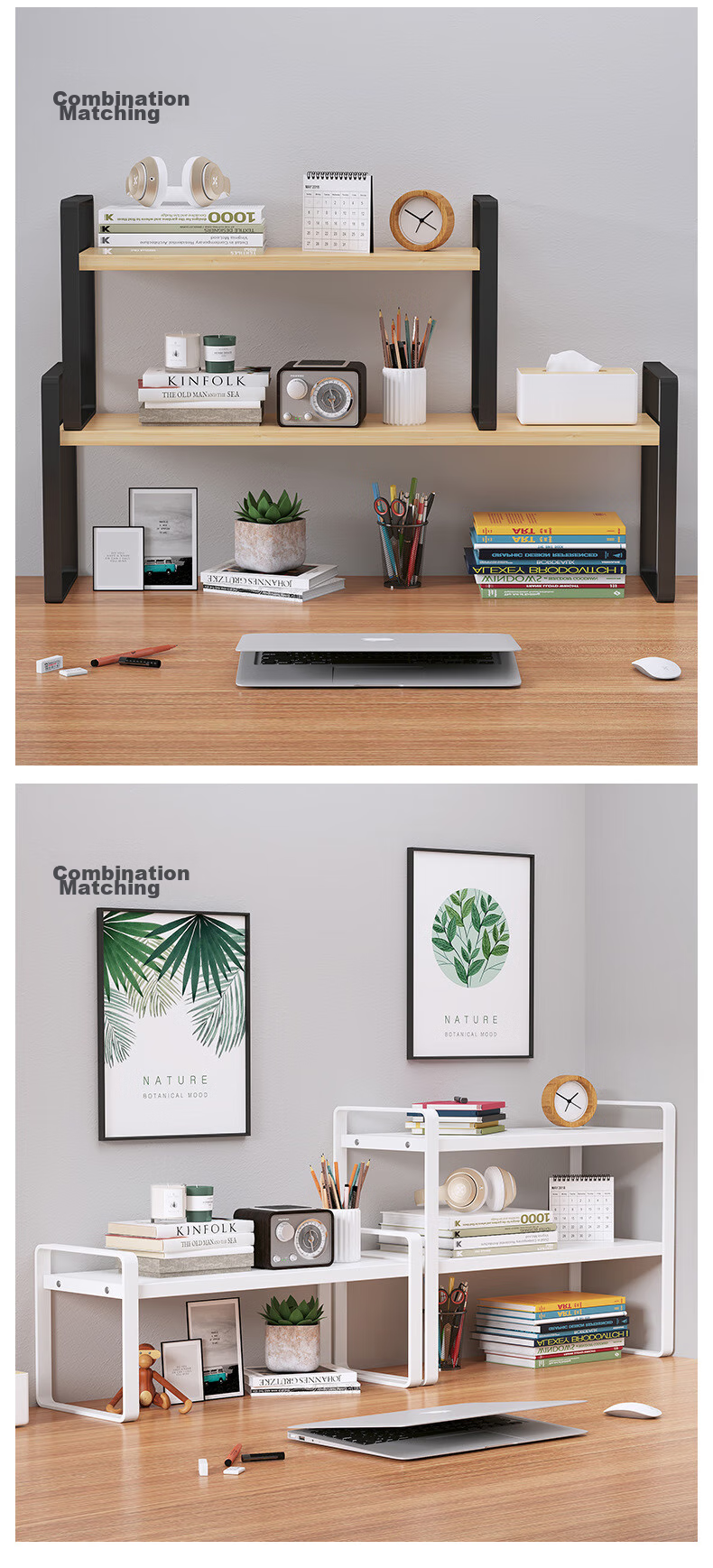 Anerya Desktop Bookshelf, Multi-Layer Iron Art Storage Rack for Books, Double-Layer Nordic Maple Wood - White Frame 40cm Long 19