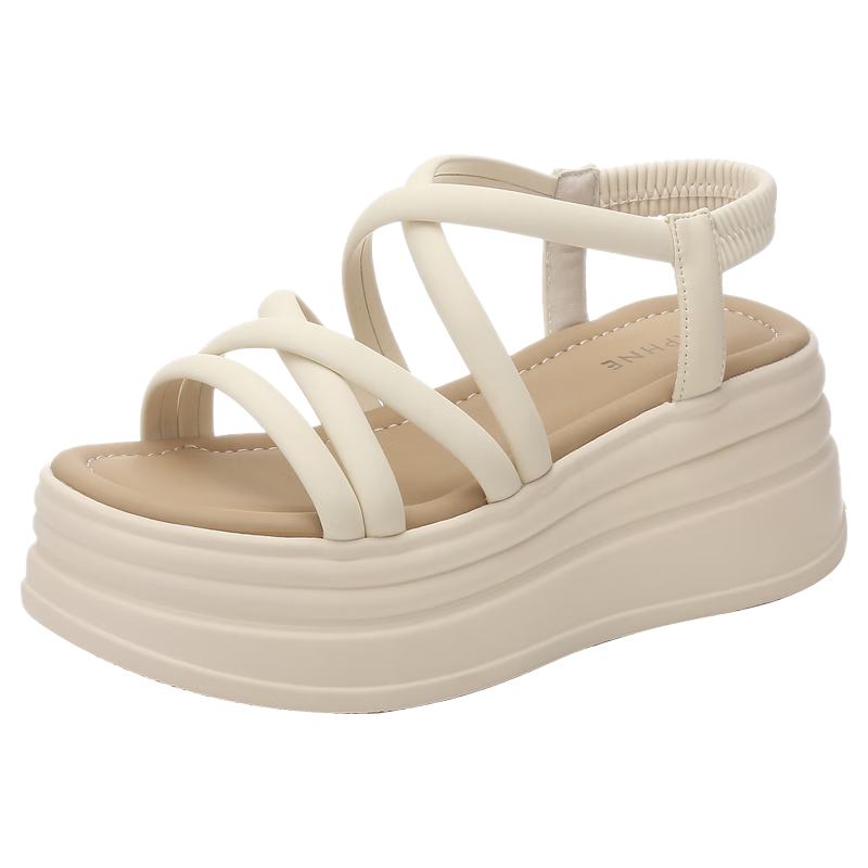 DAPHNE Casual Beach Sandals for Women, Fashionable Thick-Soled Platform Shoes, High Heels with Soft Soles, Versatile And Slimming Women's Footwear, Beige, Size 36