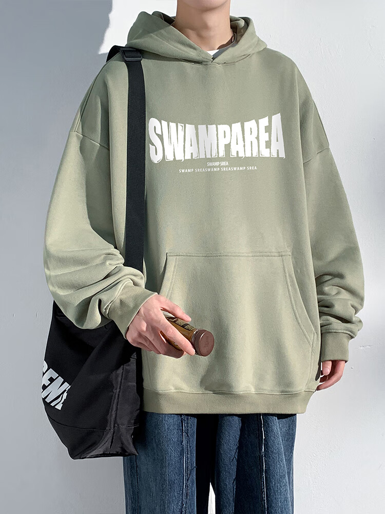 SWAMP AREA American-Style Hooded Men's Sweatshirt, Spring And Summer Loose-Fitting Heavy Casual College-Style Pullover Top, SAR02 Black L 7